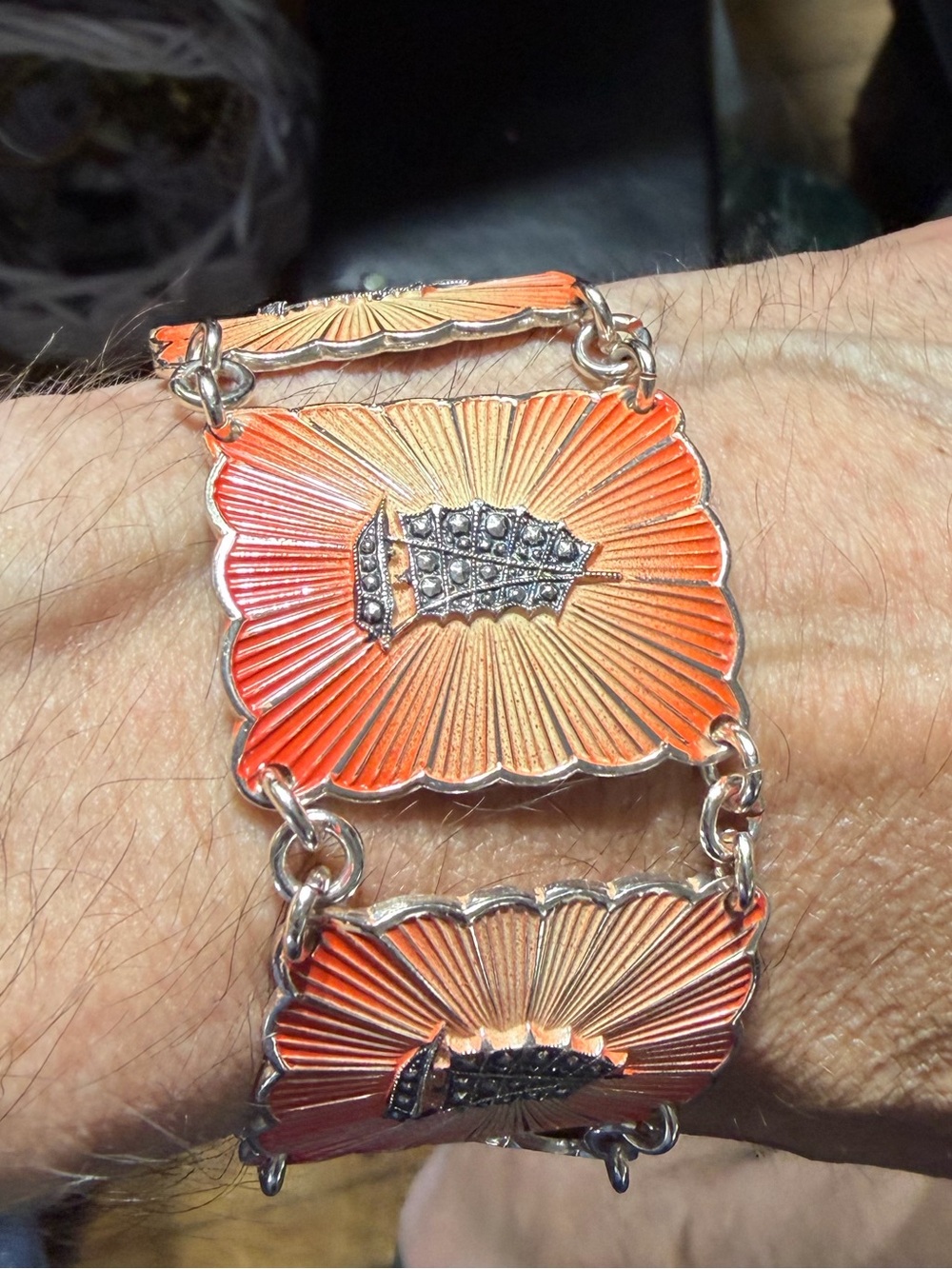 Vintage W Germany Eloxal style aluminum Sailboat panel link bracelet